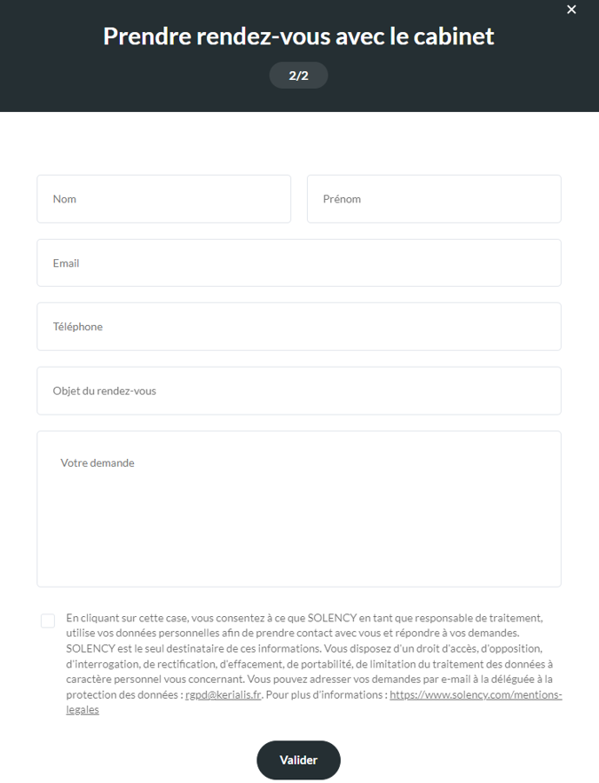Formulaire de prise de rendez-vous en ligne sur un site d’avocat